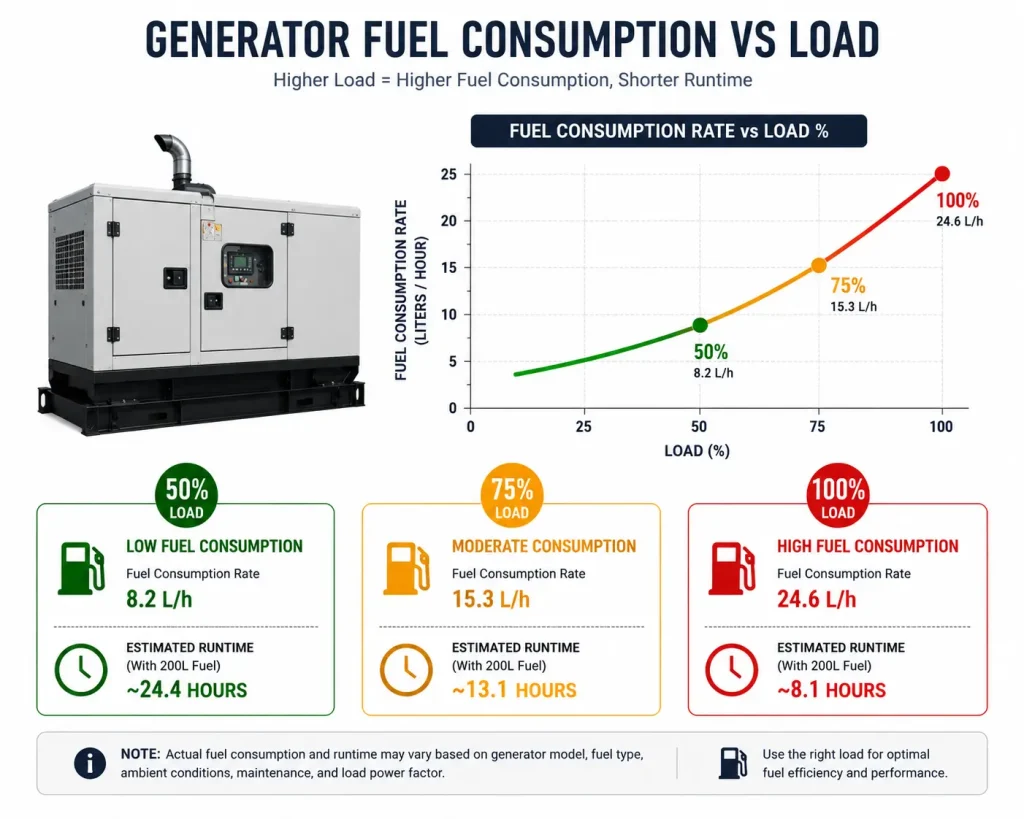 Generator fuel consumption chart comparing runtime and fuel use at 50%, 75%, and 100% load.
