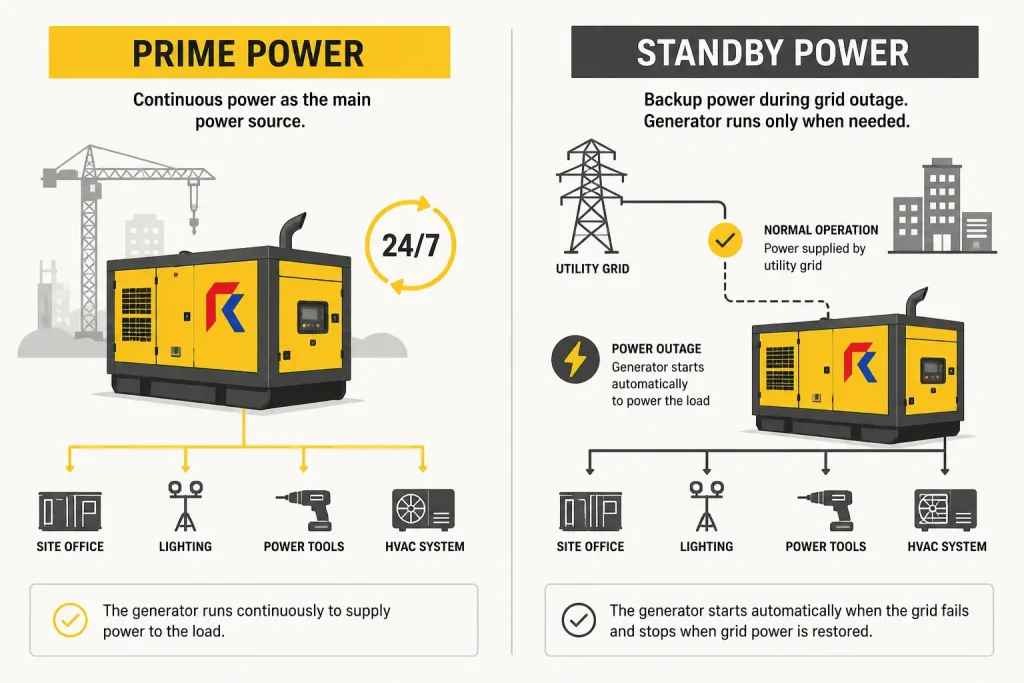 Infographic comparing prime power and standby power generator applications for industrial operations.