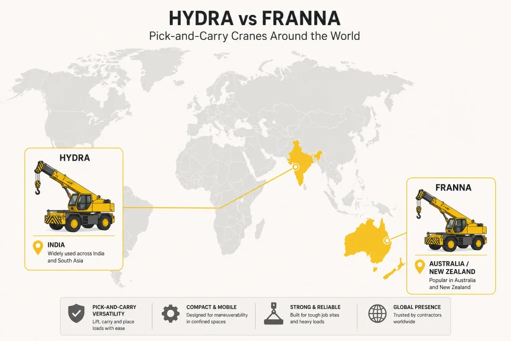 World map showing Hydra cranes in India and Franna cranes in Australia and New Zealand.