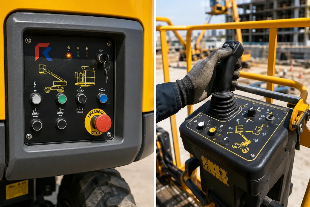 Ground and platform control panels of a boom lift showing emergency stop, buttons, and joystick controls.