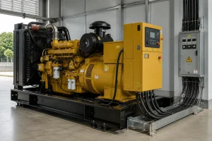 Industrial diesel generator set with engine, alternator, and control panel installed in a clean power room.
