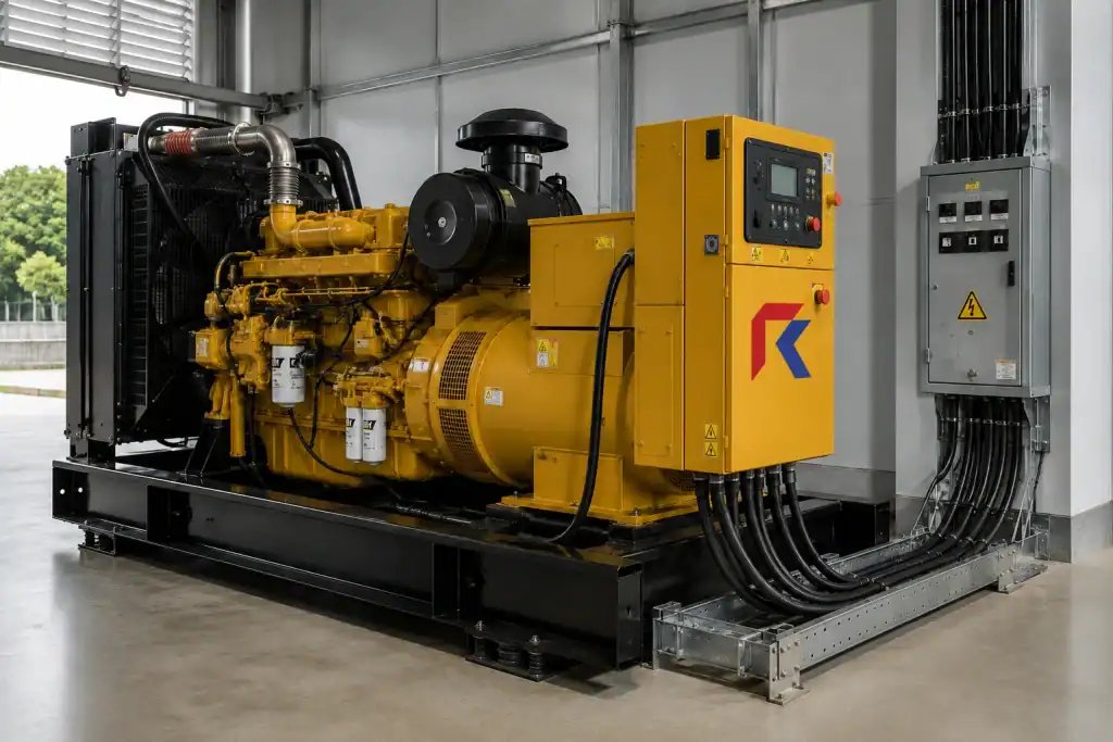 Industrial diesel generator set with engine, alternator, and control panel installed in a clean power room.