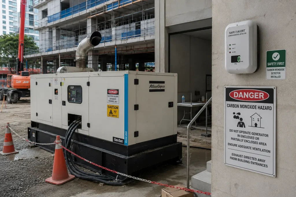 Industrial generator safely positioned outdoors with carbon monoxide detector and warning signs.