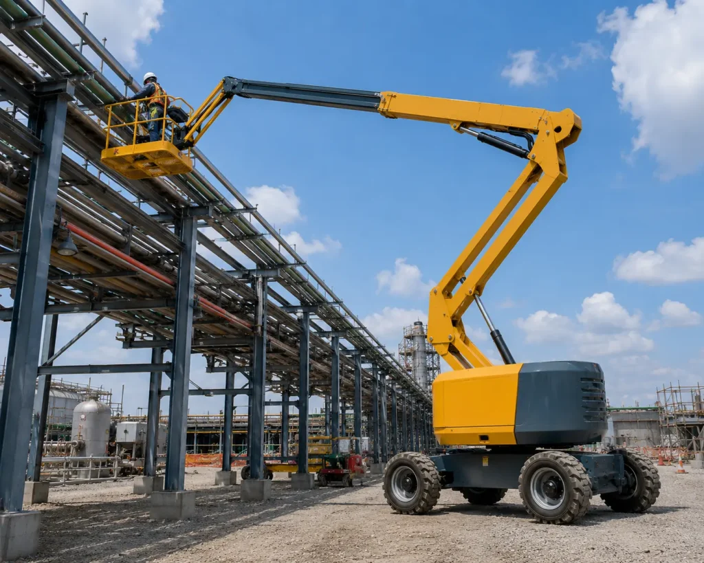 Articulating boom lift reaching over an industrial pipe rack with a worker in the platform.