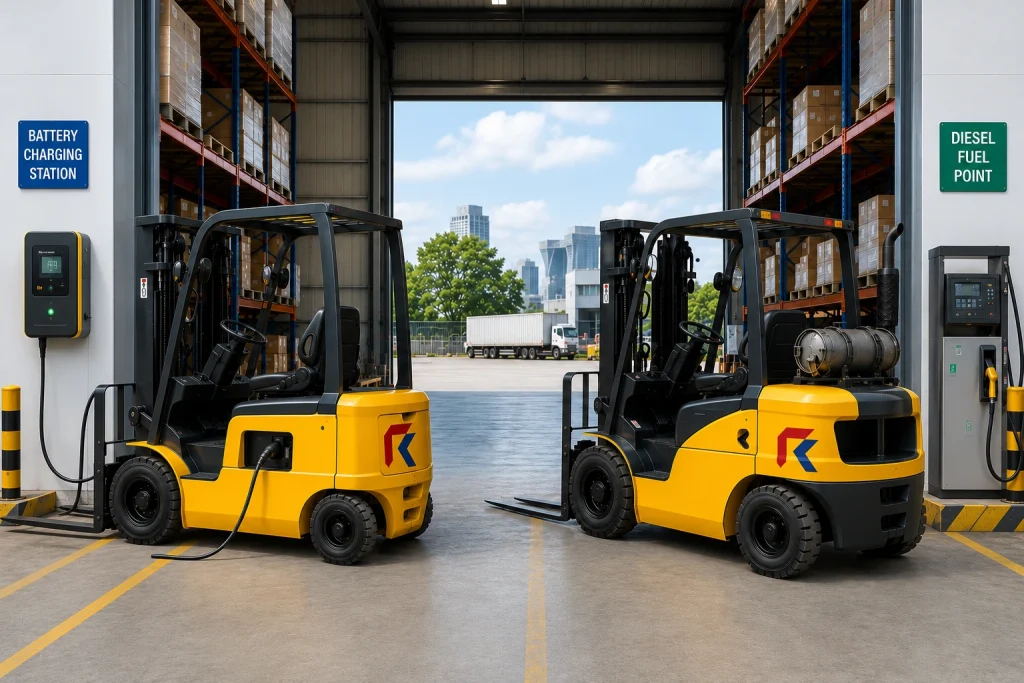 Electric and diesel forklifts parked side by side in a Singapore warehouse loading bay for comparison.