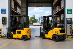 Electric and diesel forklifts parked side by side in a Singapore warehouse loading bay for comparison.
