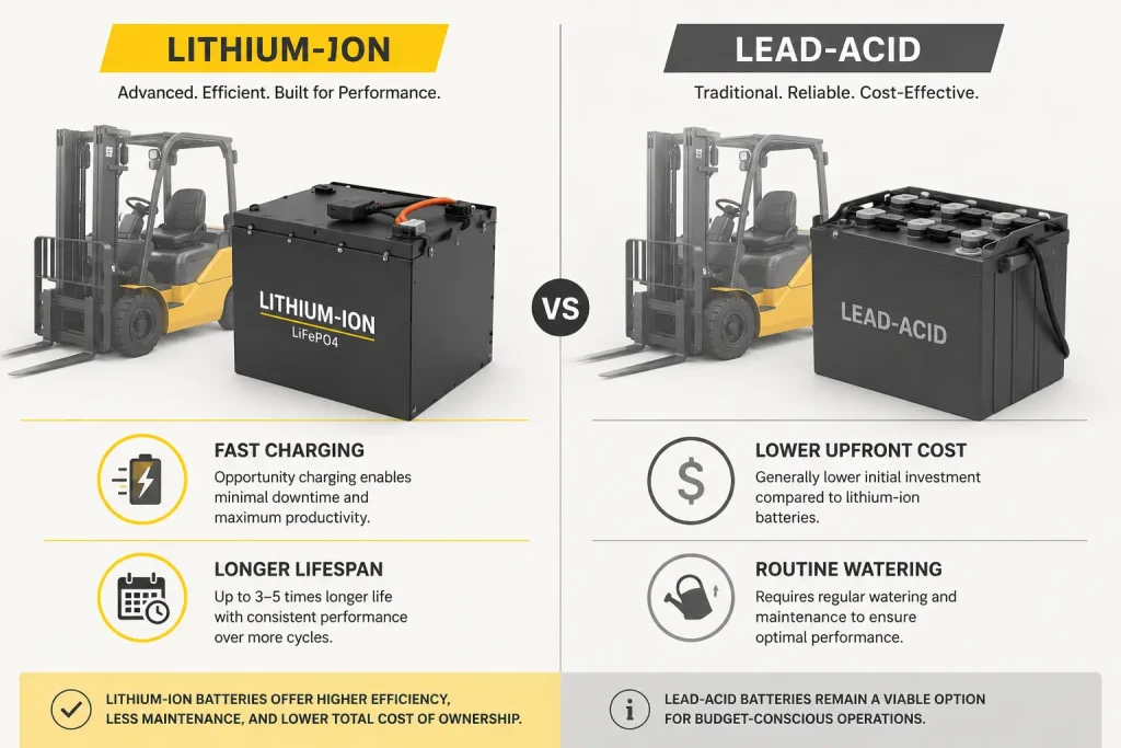 Infographic comparing lithium-ion and lead-acid forklift batteries, including charging, lifespan, cost, and maintenance.