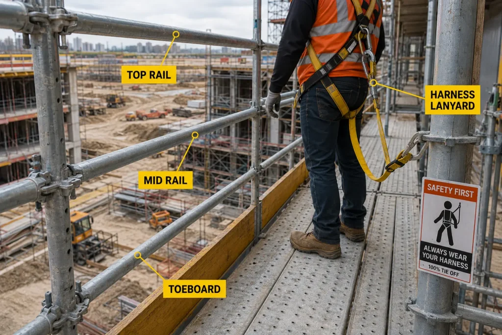 Scaffold platform with guardrails, midrails, toeboards, and a worker wearing a secured safety harness.