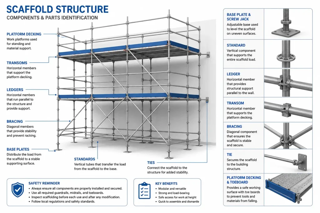 Safety officer inspecting scaffold base plates, bracing, and ties using a checklist at a construction site.