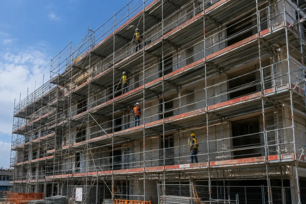 Steel scaffold structure with workers using safety harnesses on multiple platform levels at a construction site.
