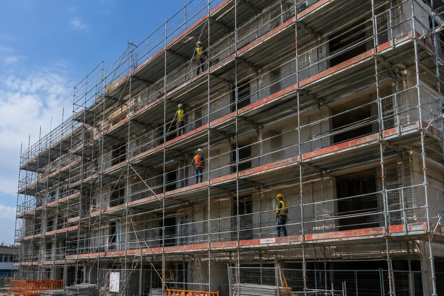 Steel scaffold structure with workers using safety harnesses on multiple platform levels at a construction site.