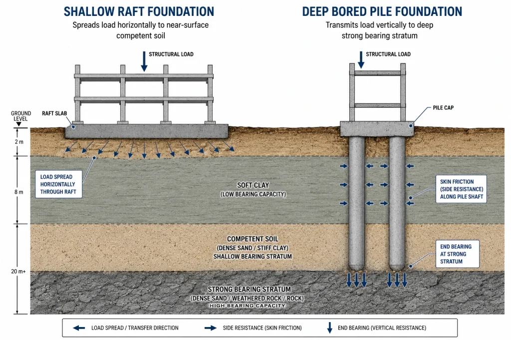 Cross-section comparing shallow raft foundation and deep bored pile load transfer mechanisms.