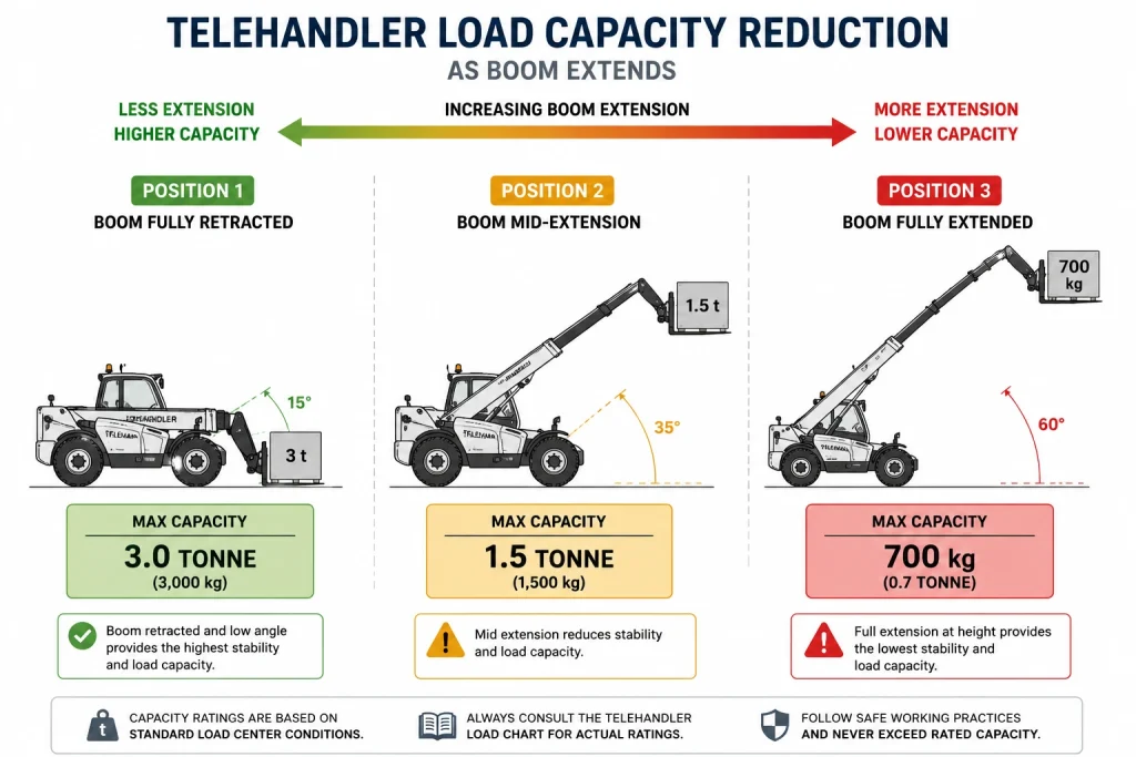 Telehandler load capacity diagram showing reduced lifting capacity as boom extension increases.