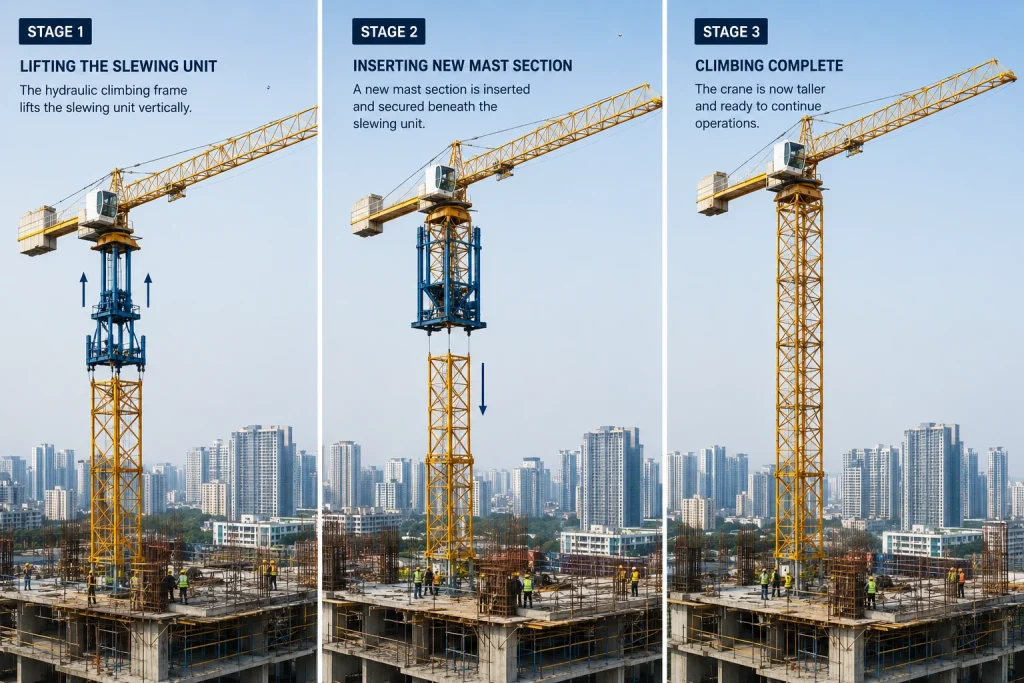 Three-stage illustration showing a tower crane climbing process with a new mast section being installed.