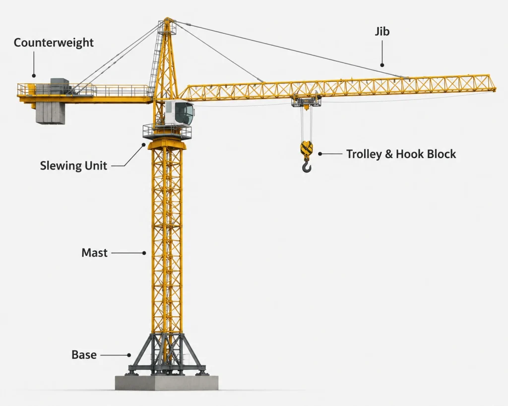 Technical diagram of a tower crane labeled with the jib, counterweight, trolley, slewing unit, mast, and base.