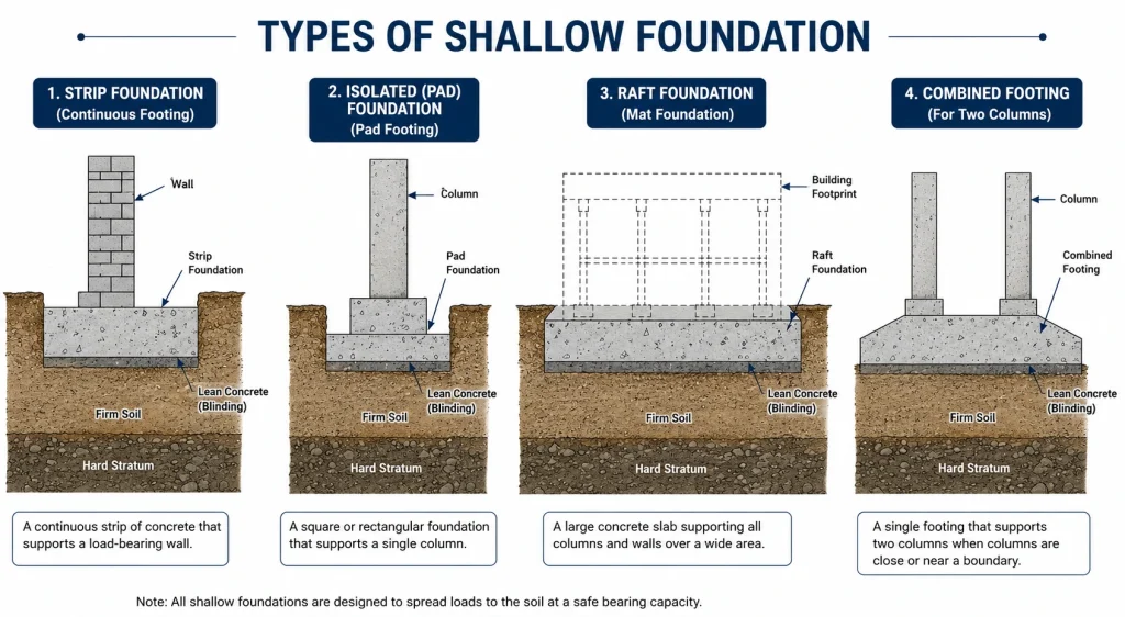 Diagram comparing strip, isolated pad, raft, and combined shallow foundation types.