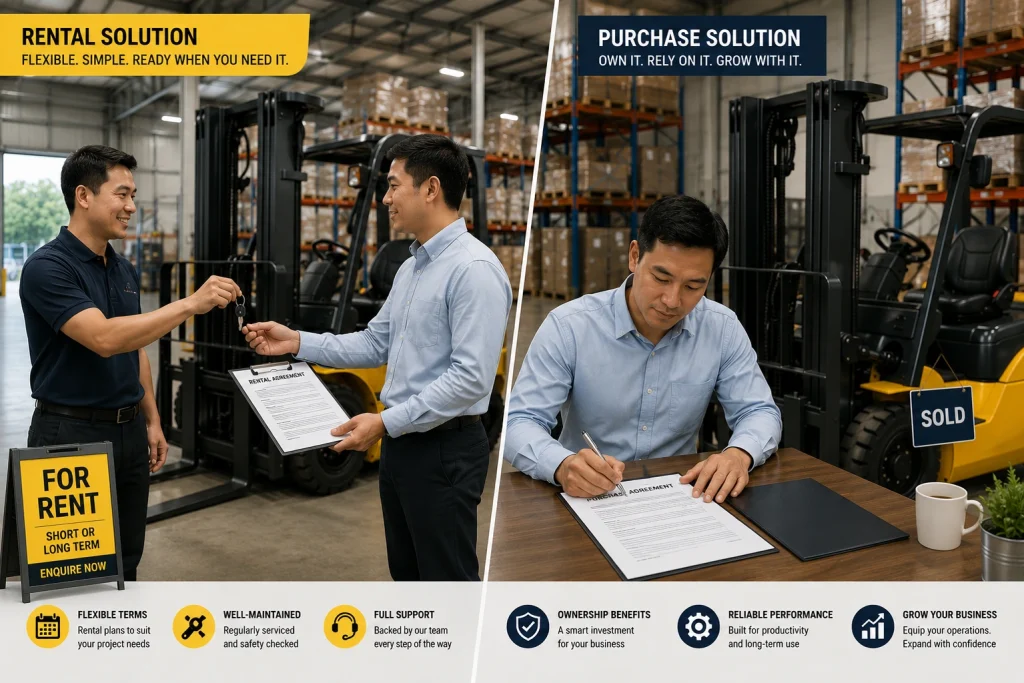 Split view of forklift rental handover and forklift purchase agreement in a warehouse setting.