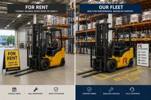 Comparison of forklift rental and company-owned fleet options in a modern Singapore warehouse.