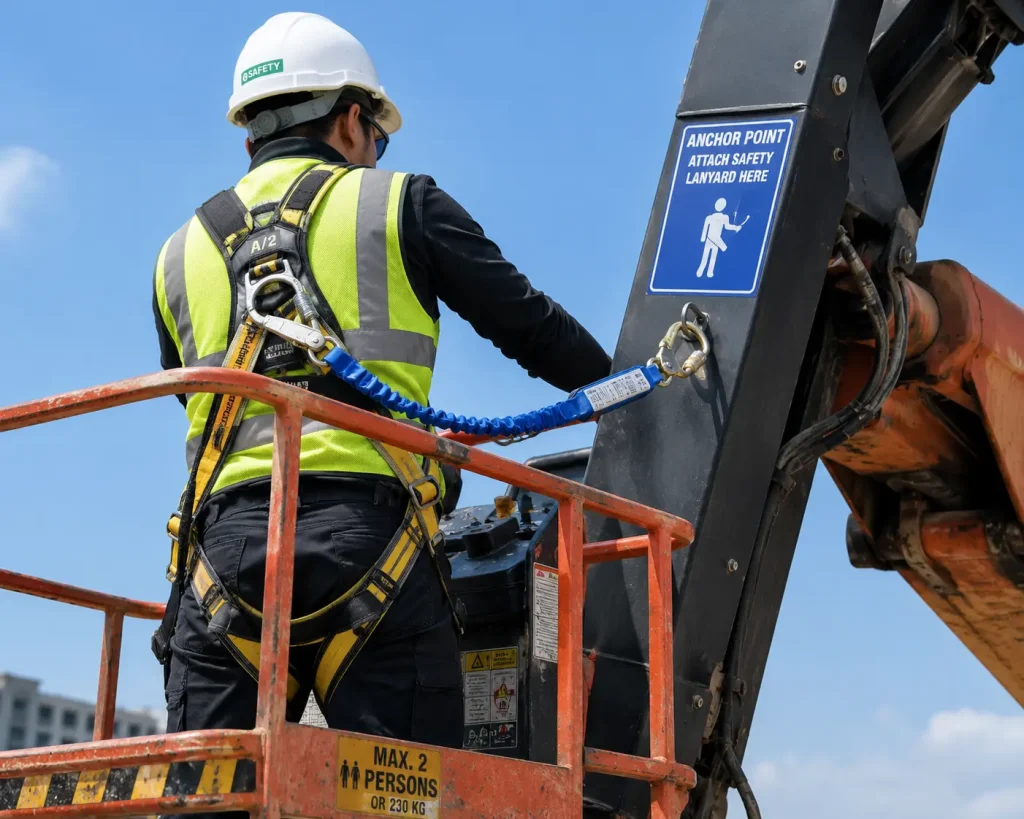 Construction worker wearing a safety harness clipped to an anchor point on a boom lift platform.