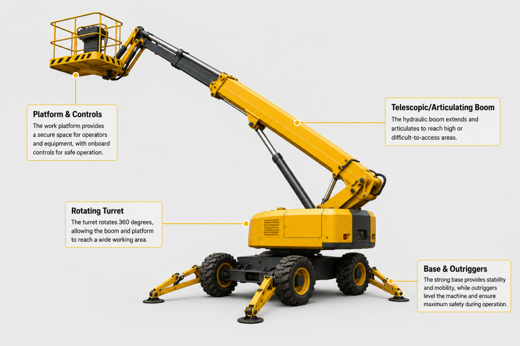 Technical diagram showing the main components of a telescopic boom lift with labeled parts and outriggers.