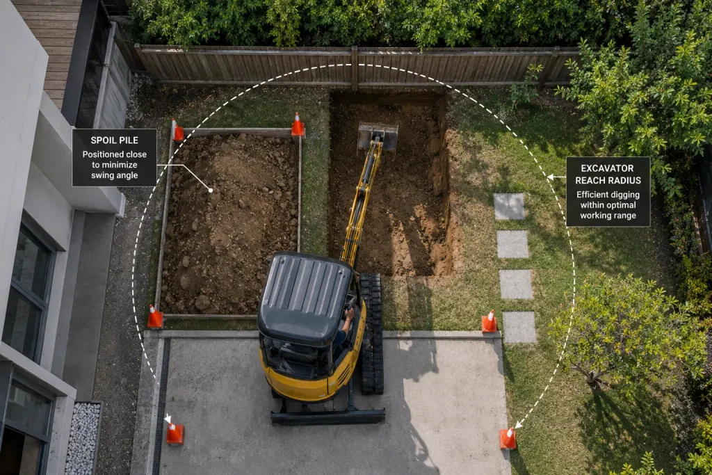 Overhead view showing optimal mini excavator positioning relative to dig area and spoil pile