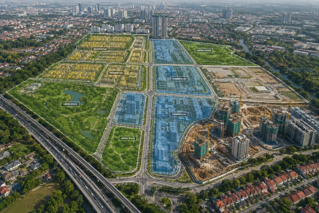 Aerial view of an urban master plan overlaid on a cityscape, showing zoning areas and active construction.