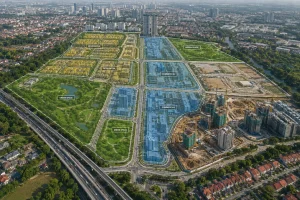 Aerial view of an urban master plan overlaid on a cityscape, showing zoning areas and active construction.