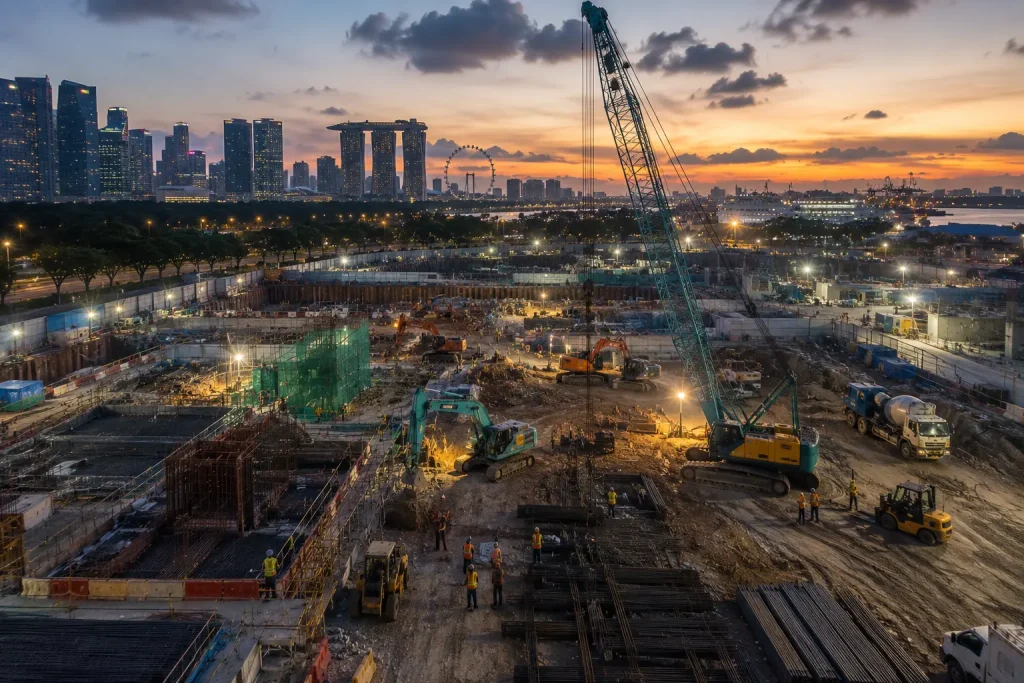 Aerial view of a busy construction site in Singapore with a crane, excavator, forklift, and workers coordinating operations.