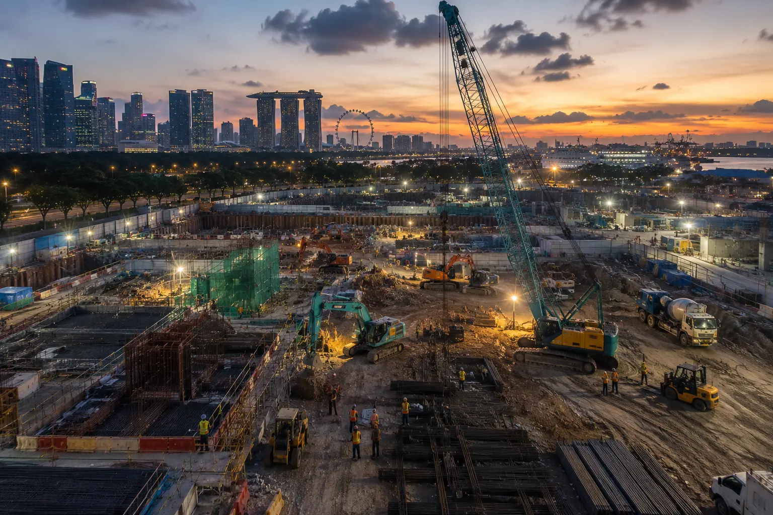 Aerial view of a busy construction site in Singapore with a crane, excavator, forklift, and workers coordinating operations.