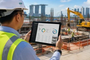 Site supervisor using a mobile app to manage construction tasks