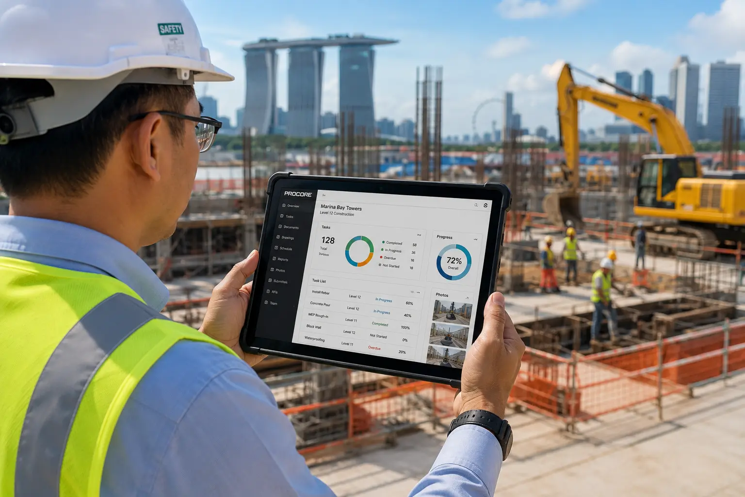 Site supervisor using a mobile app to manage construction tasks