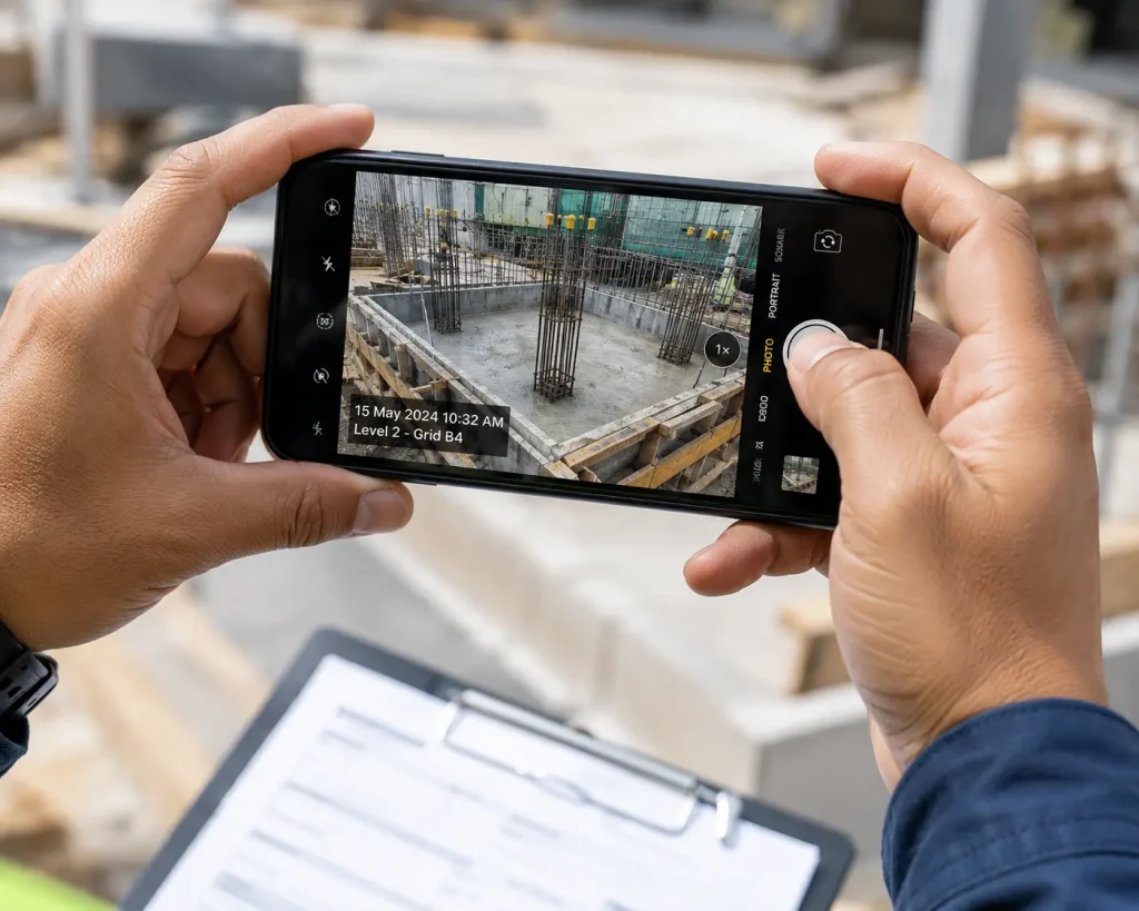 Worker documenting completed construction work with a mobile app photo report