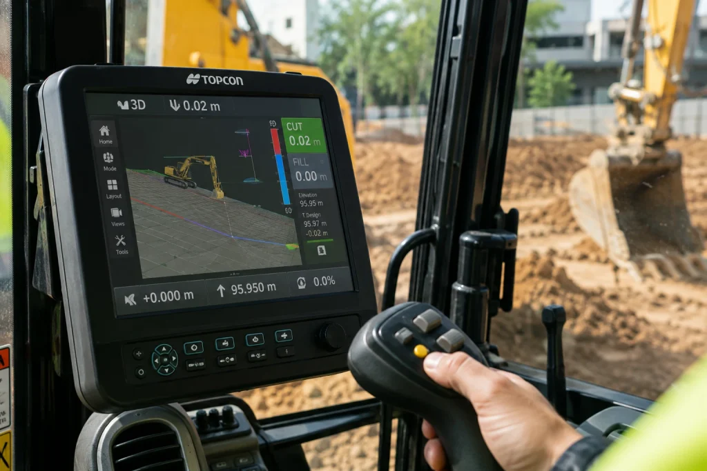 Excavator cab with GPS machine control display showing digital grade design