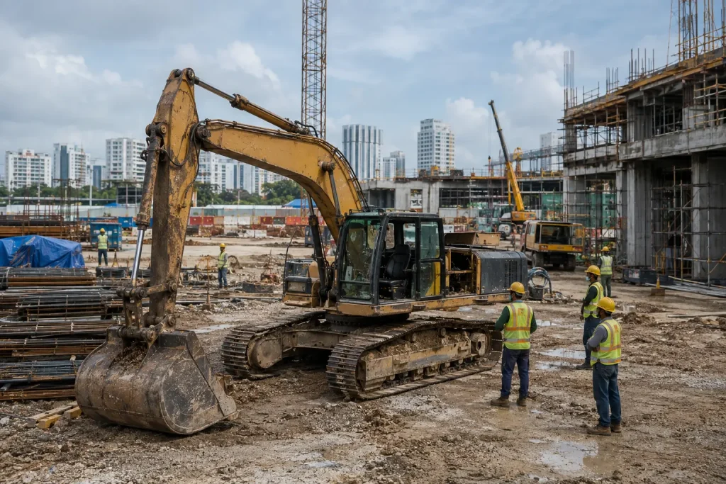 Broken-down excavator standing idle while construction workers wait, causing delays to nearby activities on the job site.