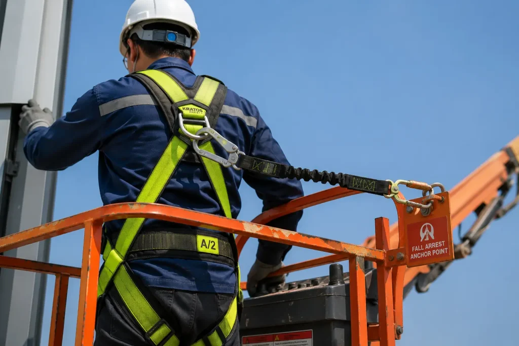 Worker demonstrating proper full-body harness and anchor point connection