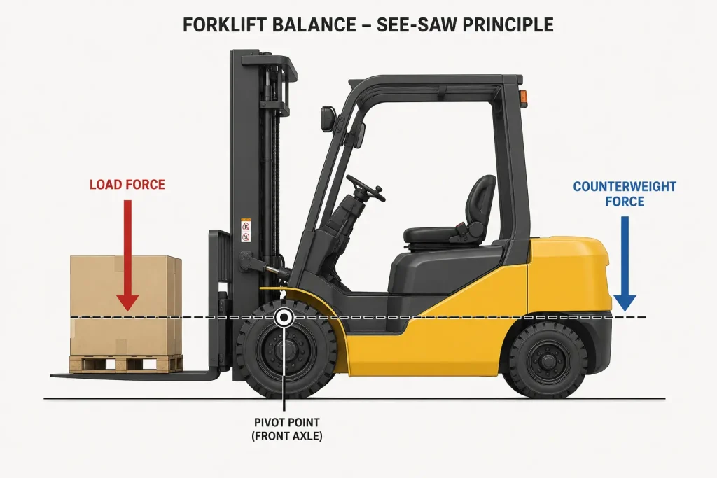 Cutaway diagram of forklift hydraulic lift cylinder, chains, and pulley system