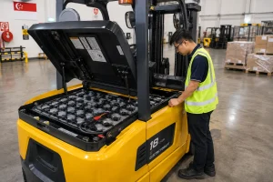 Electric forklift battery compartment showing industrial battery pack