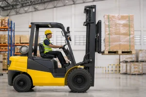Forklift lifting a load showing mast and counterweight structure