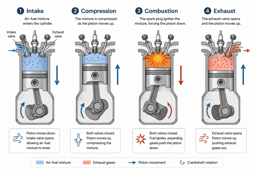 Four-stroke combustion cycle diagram showing intake, compression, combustion, and exhaust