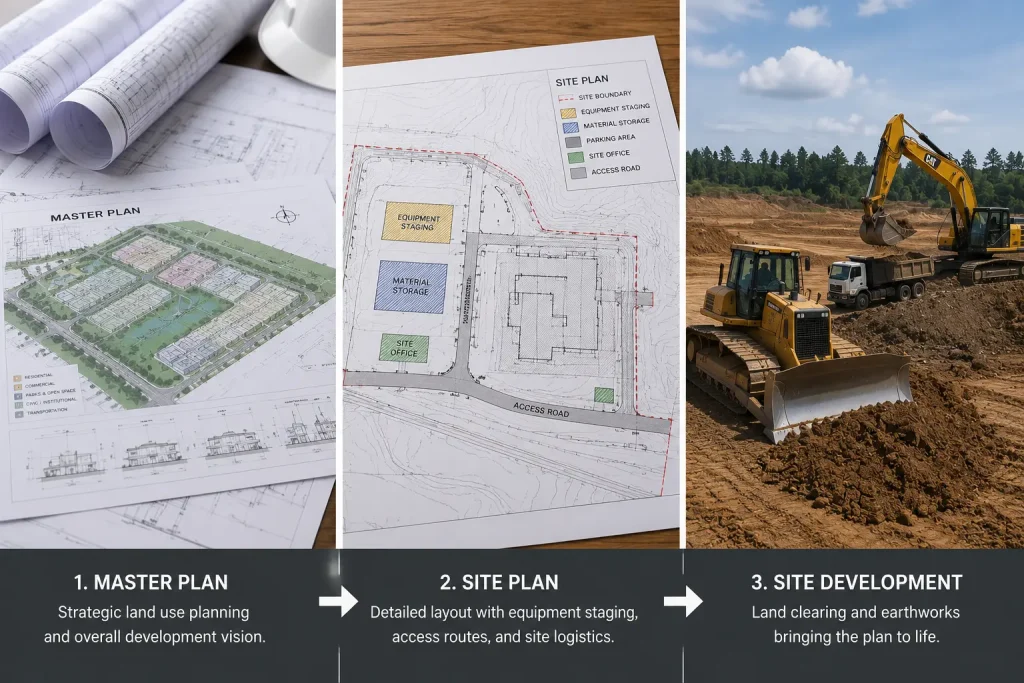 Three-stage illustration showing the progression from master plan and site plan to active land development.