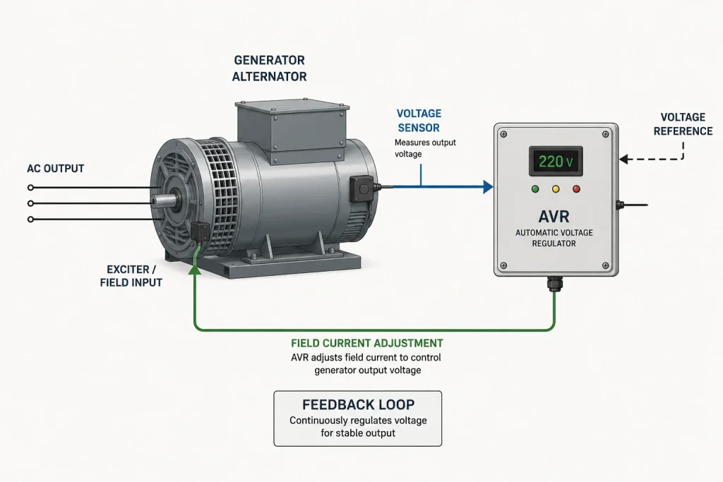 Diagram showing the AVR feedback loop for voltage regulation in a generator