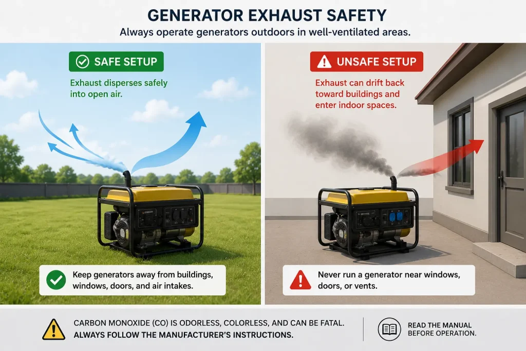 Illustration showing carbon monoxide risk from generator exhaust near windows and doors