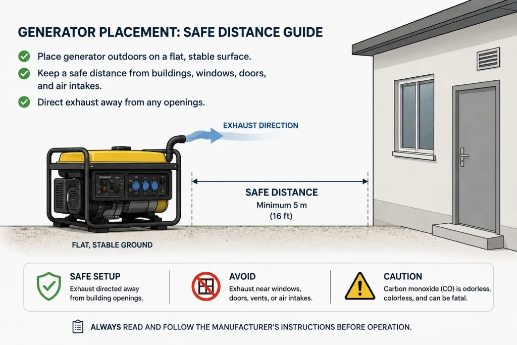 Diagram showing safe generator placement distance from buildings and windows
