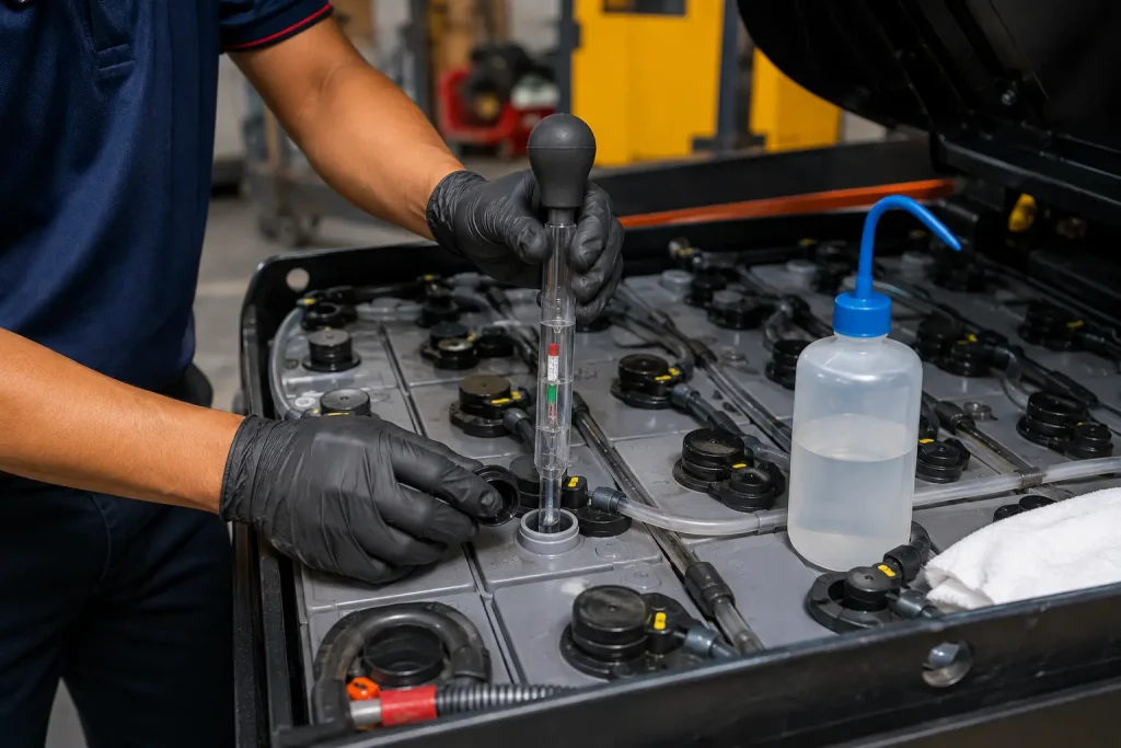Technician checking electrolyte levels in a lead-acid forklift battery