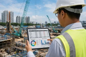 Construction project manager reviewing cost management data on site