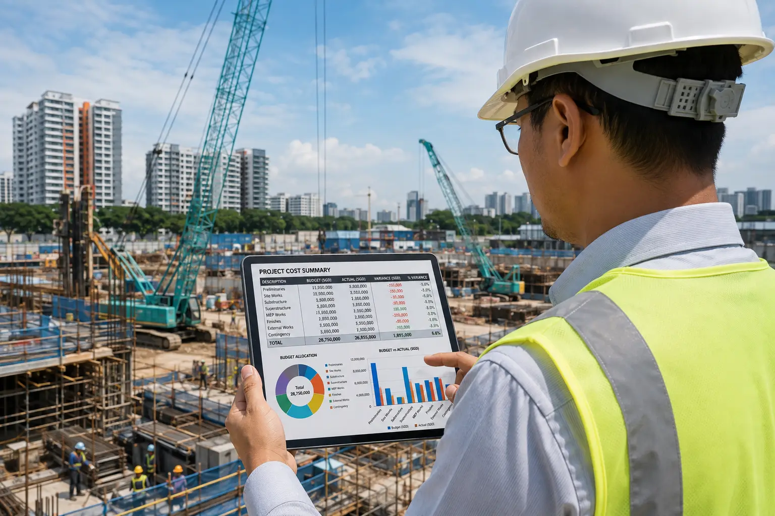 Construction project manager reviewing cost management data on site