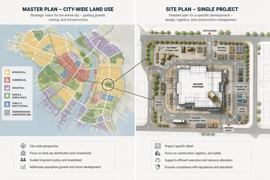 Technical comparison of a city-wide master plan and a detailed construction site plan with project layout.