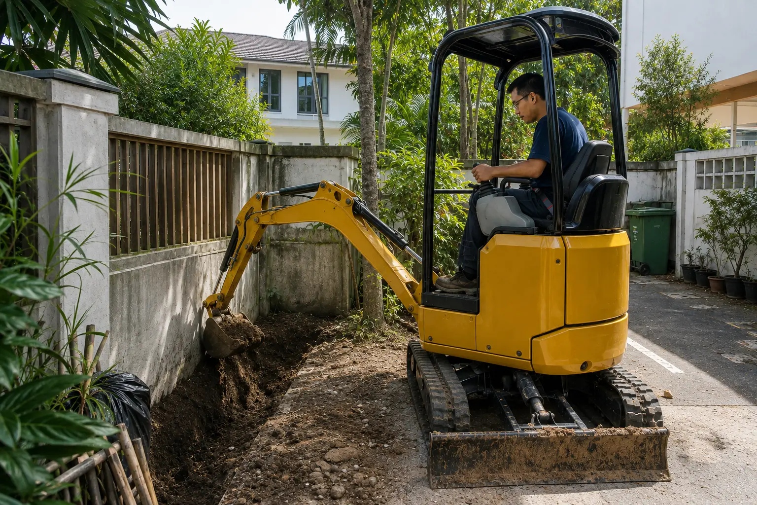 Compact mini excavator working in a tight residential backyard