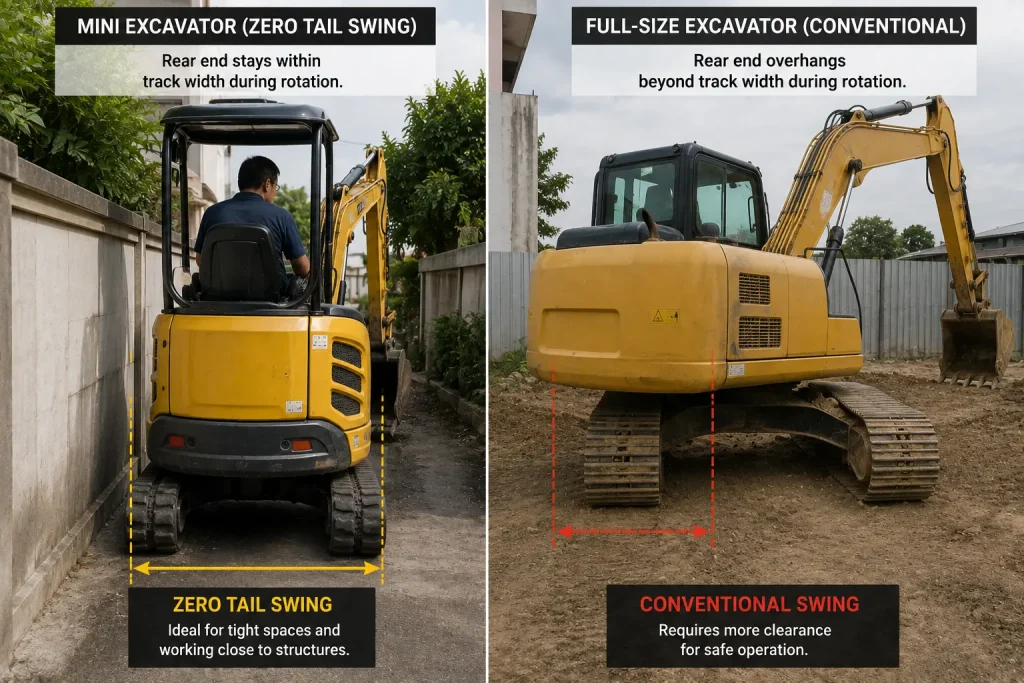 Comparison of zero tail swing mini excavator versus standard excavator rotation