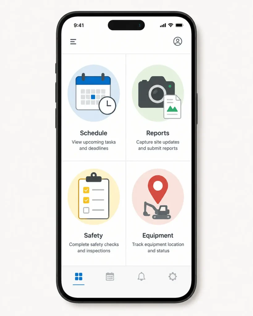 Four categories of construction mobile apps: scheduling, reporting, safety, and equipment tracking
